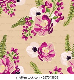 Seamless vintage pattern with painted flowers, leaves and plants. Vector illustration