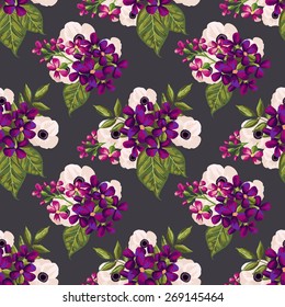 Seamless vintage pattern with painted flowers, leaves and plants. Vector illustration