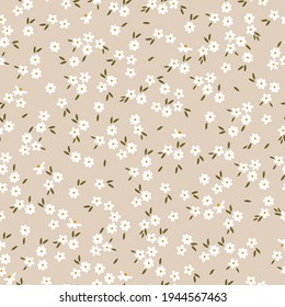 seamless vintage pattern . pale beige background. small white flowers . vector texture. elegant trend print for textiles and wallpaper.