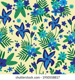 seamless vintage pattern. pale yellow background. large and small blue flowers. vector texture. beautiful print for textiles.