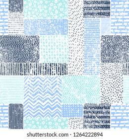 Seamless vintage pattern in patchwork style. Blue-white doodle ornament. Print with marine motifs.