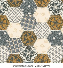 Seamless vintage pattern. Patchwork tiles. Hand drawn seamless abstract pattern from tiles. Azulejos tiles patchwork. Portuguese and Spain decor. Hexagon pattern