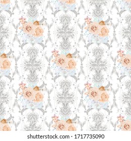 Seamless vintage pattern with peach roses