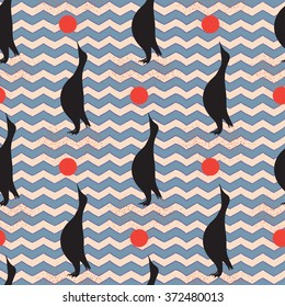 Seamless vintage pattern with penguin. Black silhouette. Vector illustration
