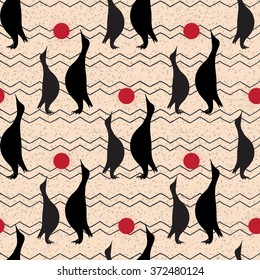 Seamless vintage pattern with penguin. Black silhouette. Vector illustration