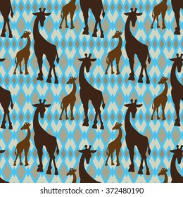 Seamless vintage pattern with penguin. Black silhouette. Vector illustration