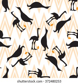 Seamless vintage pattern with penguin. Black silhouette. Vector illustration