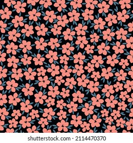 Seamless vintage pattern. Pink flowers, blue leaves. Black background. vector texture. fashionable print for textiles, wallpaper and packaging.