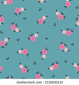Seamless vintage pattern. Pink flowers. dark blue leaves. Light blue background. vector texture. fashionable print for textiles, wallpaper and packaging.