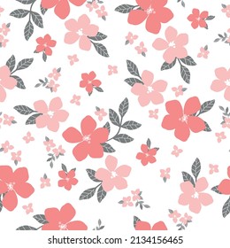 Seamless vintage pattern. Pink flowers, gray leaves. White background. vector texture. fashionable print for textiles, wallpaper and packaging.