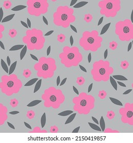 Seamless vintage pattern. Pink flowers, dark gray leaves. Light gray background. vector texture. fashionable print for textiles, wallpaper and packaging.