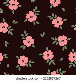 Patrón vintage sin foco. Flores rosas, hojas verdes. Fondo oscuro. textura vectorial. impresión de moda para textiles, papel pintado y embalaje.