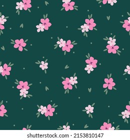 Seamless vintage pattern. pink flowers, light green leaves. Dark green background. vector texture. fashionable print for textiles, wallpaper and packaging.