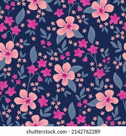 Seamless vintage pattern. Pink and fuchsia flowers, light blue leaves. dark blue background. vector texture. fashionable print for textiles, wallpaper and packaging.