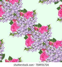 Seamless vintage pattern with pink roses and lilac. Hand-drawn floral background for textile, cover, wallpaper, gift packaging, printing.Romantic design for calico.
