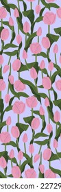 Patrón vintage de las flores tulipán rosadas sobre fondo morado. Flores de primavera - fondo textil floral.