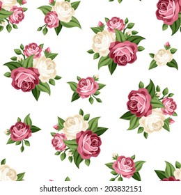 Seamless vintage pattern with pink and white roses. Vector illustration.