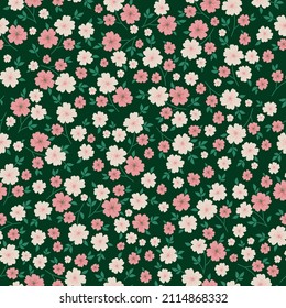 Seamless vintage pattern. Pink and white flowers, green leaves. Dark green background. vector texture. fashionable print for textiles, wallpaper and packaging.