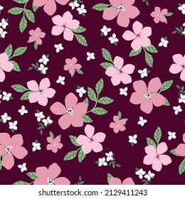 Seamless vintage pattern. Pink and white flowers, green leaves. Maroon background. vector texture. fashionable print for textiles, wallpaper and packaging.
