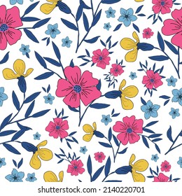 Seamless vintage pattern. pink, yellow and blue flowers, dark blue leaves . white background. vector texture. fashionable print for textiles, wallpaper and packaging.