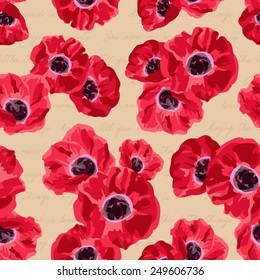 Seamless vintage pattern with poppies flower on lettering background. Vector illustration