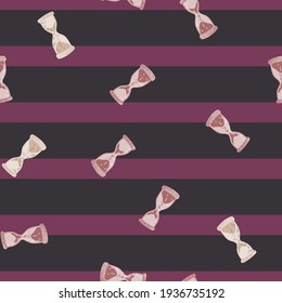 Seamless vintage pattern with random hourglass silhouettes. Purple striped background. Designed for fabric design, textile print, wrapping, cover. Vector illustration.