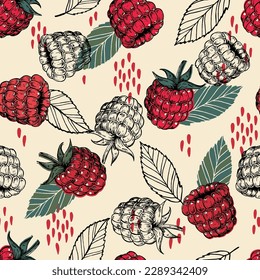 Seamless vintage pattern with raspberry berry. Hand drawn raspberries pattern on beige background. For fabric, drawing labels, print, wallpaper of children's room, fruit background