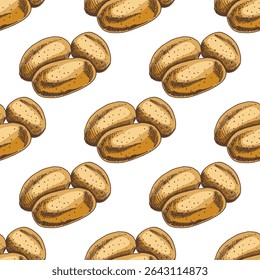 Seamless vintage pattern with raw potatoes in warm brown and beige tones. Hand drawn detailed sketch on white background. Perfect for food packaging, menus, farm and kitchen designs.