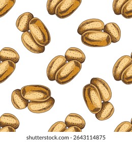 Seamless vintage pattern with raw potatoes in warm brown and beige tones. Hand drawn detailed sketch on white background. Perfect for food packaging, menus, farm and kitchen designs.