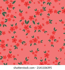 Seamless vintage pattern. Red flowers, green leaves. pink background. vector texture. fashionable print for textiles, wallpaper and packaging.
