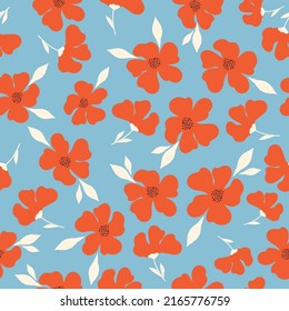 seamless vintage pattern. red flowers and white leaves. light blue background. vector texture. fashionable print for textiles and wallpaper.