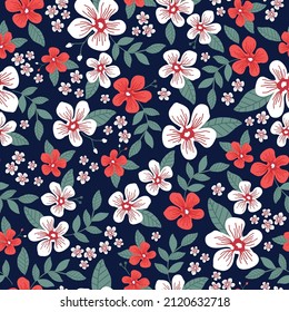 Patrón vintage sin foco. Flores rojas y blancas. Hojas verdes. Fondo azul oscuro. textura vectorial. impresión de moda para textiles, papel pintado y embalaje.