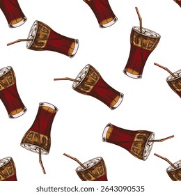 Seamless vintage pattern of refreshing soda drink with ice cubes and straw in a glass, hand drawn in colored style for beverage, food, and drink-related design