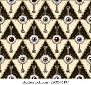 Seamless vintage pattern with rhombus grid of bones, human eyeballs with direct look. Geometric rhombus grid. Classical background for Halloween decoration. Vector illustration