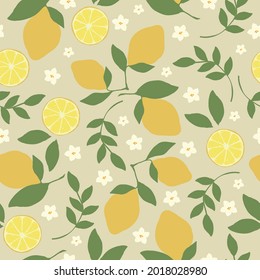Nahtlose Vintage Muster .reife Zitronen mit Blättern, weiße Blumen auf hellem Hintergrund. Vektorstruktur. Trenddruck für Textilien und Tapeten.