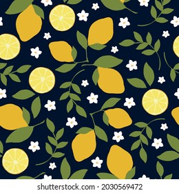 Patrón vintage sin foco. limones maduros, flores blancas, hojas verdes sobre un fondo oscuro. textura vectorial. impresión de tendencia para textiles y papel pintado.