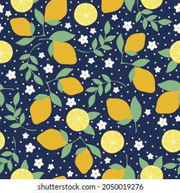 Seamless vintage pattern. ripe lemons, white flowers and dots, green leaves on a dark blue background. vector texture. trend print for textiles, wallpaper and packaging.