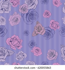 Seamless vintage pattern with roses on a striped violet background