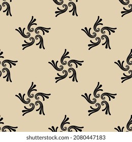 Seamless vintage pattern with round spiral mandalas or stars. Black silhouettes on beige background.