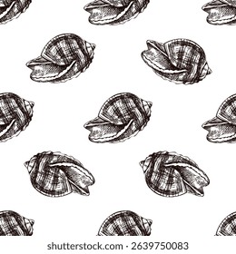 Seamless vintage pattern of rounded open seashell in brown ink engraving style. Perfect for beach-themed packaging, textiles, wrapping and coastal surface design.
