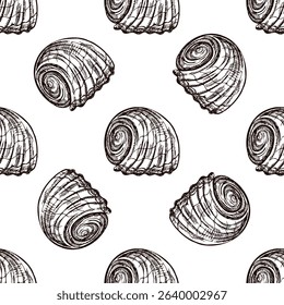 Seamless vintage pattern of rounded spiral seashell in brown ink engraving style. Marine beach-themed design for packaging, textile and wrapping surfaces.
