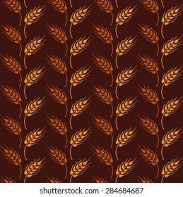 Seamless vintage pattern with rows from orange and yellow wheat ears. Brown agricultural background about harvest and grain