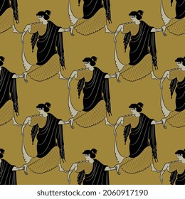 Seamless vintage pattern with running ancient Greek women. Ethnic vase painting style. On gold background.