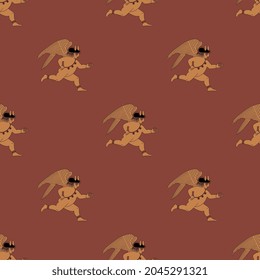 Seamless vintage pattern with running winged Cupids. Ancient Greek baby god of love. Vase painting style. On red background.