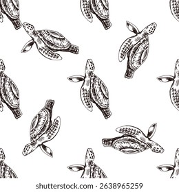 Seamless vintage pattern of sea turtle in brown ink engraving style. Ocean wildlife sketch perfect for nautical packaging, fabrics and educational designs.