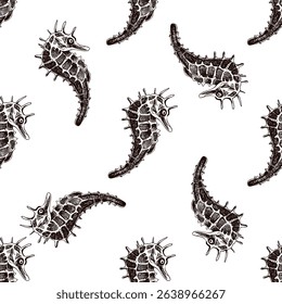 Seamless vintage pattern of seahorse in brown ink engraving style. Delicate ocean animal illustration for nautical wrapping, textiles and surface designs.