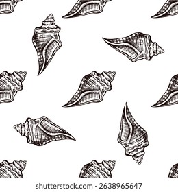 Seamless vintage pattern of seashell in brown ink engraving style. Coastal marine illustration for beach-themed packaging, textile and surface design.