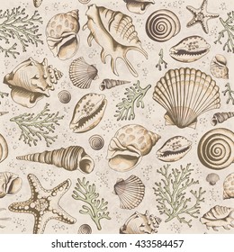 Seamless vintage pattern with seashells, corals and starfishes. Marine background. Vector illustration in sketch style. Perfect for greetings, invitations, wrapping paper, textile, wedding design.