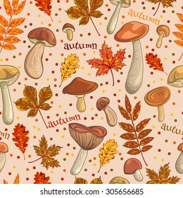 seamless vintage pattern with set of mushrooms and autumn leaves. Retro hand drawn vector illustration