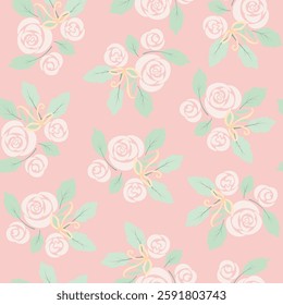 Seamless vintage pattern in shabby chic style. Elegant floral motif, nostalgic roses and bows, delicate pastel colors. Vector